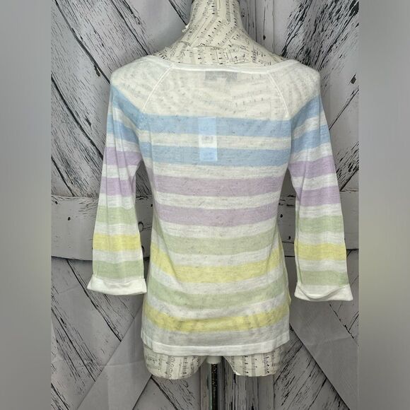 LOFT ANN TAYLOR Pastel Striped Multicolor 3/4 Sleeve Pullover Sweater XS - Picture 2 of 5